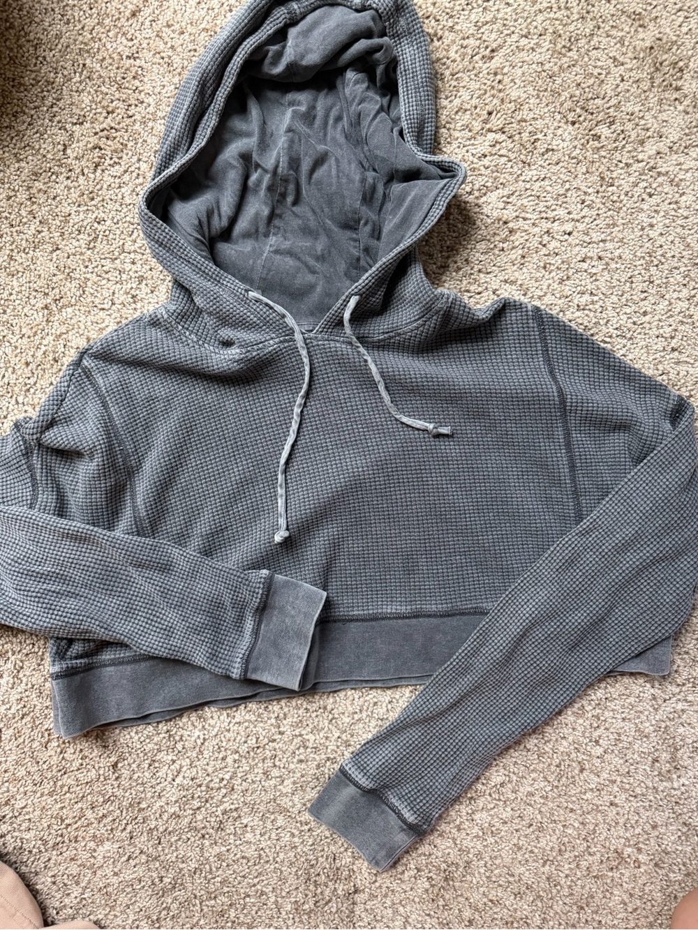 AS REVIVAL Cropped Waffle-Knit Hoodie - Charcoal Gray